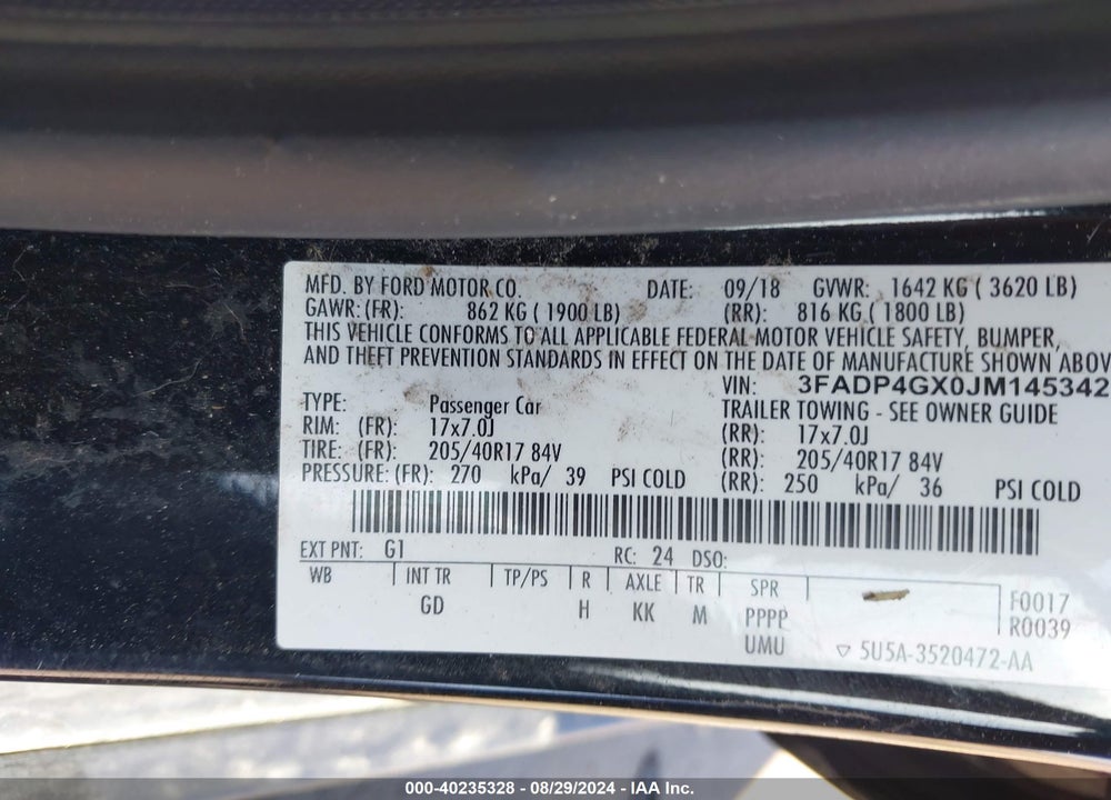 2018 FORD FIESTA VIN: 3FADP4GX0JM145342
