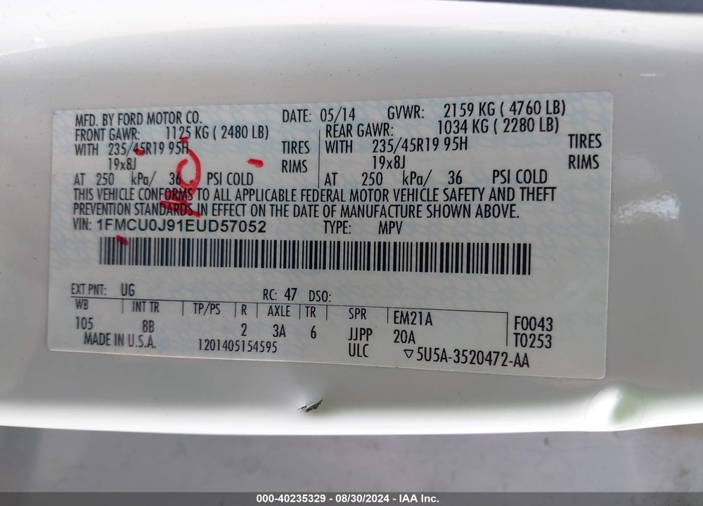 2014 FORD ESCAPE TITANIUM VIN: 1FMCU0J91EUD57052