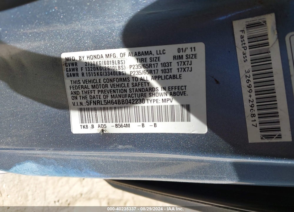 2011 HONDA ODYSSEY EX-L VIN: 5FNRL5H64BB042230