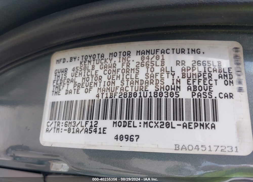 2001 TOYOTA AVALON VIN: 4T1BF28B01U180305