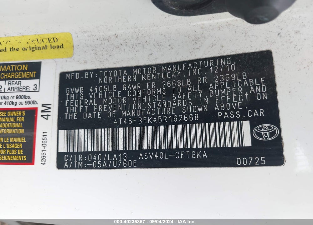 2011 TOYOTA CAMRY XLE VIN: 4T4BF3EKXBR162668