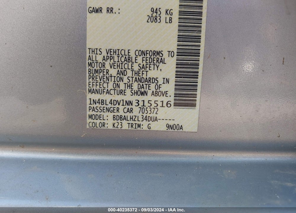 2022 NISSAN ALTIMA SV FWD VIN: 1N4BL4DV1NN315516