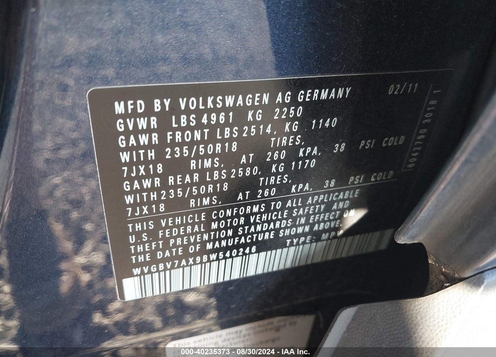 2011 VOLKSWAGEN TIGUAN SEL VIN: WVGBV7AX9BW540246