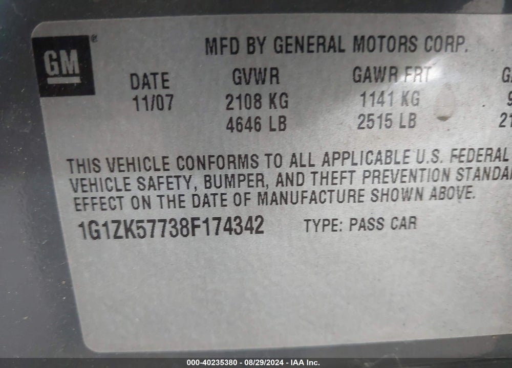 2008 CHEVROLET MALIBU LTZ VIN: 1G1ZK57738F174342