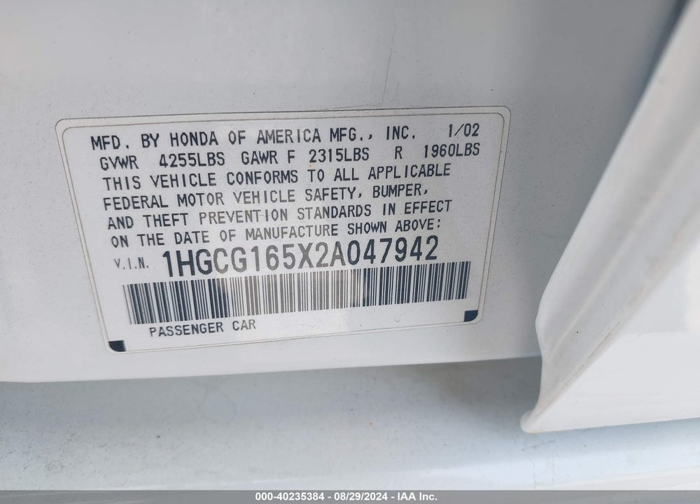 2002 HONDA ACCORD VIN: 1HGCG165X2A047942