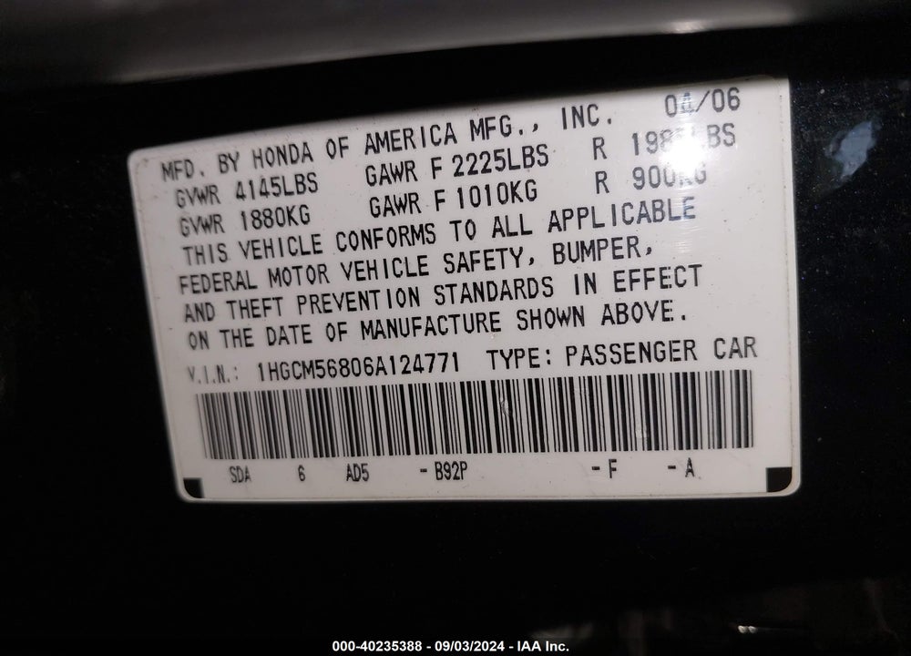 2006 HONDA ACCORD VIN: 1HGCM56806A124771