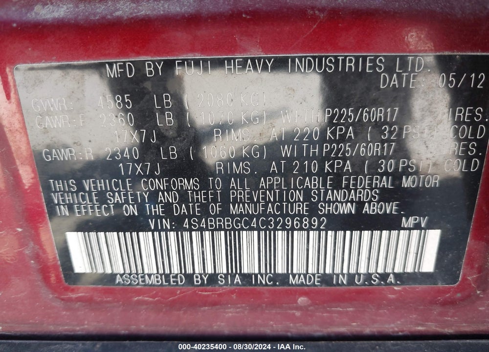 2012 SUBARU OUTBACK 2.5I PREMIUM VIN: 4S4BRBGC4C3296892