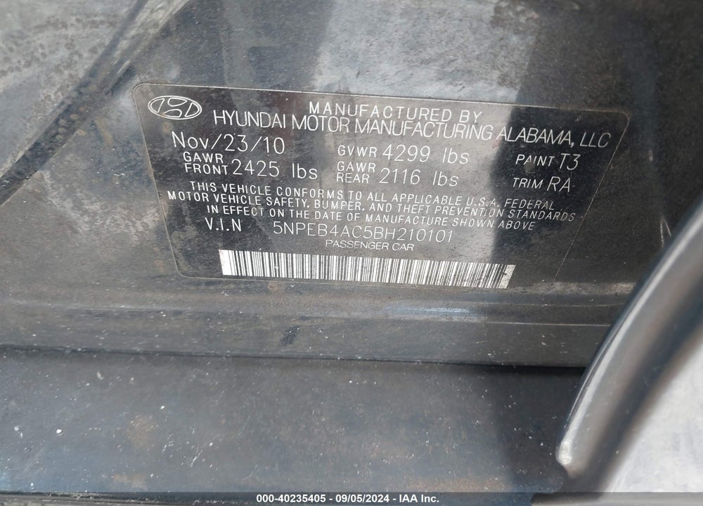2011 HYUNDAI SONATA GLS VIN: 5NPEB4AC5BH210101