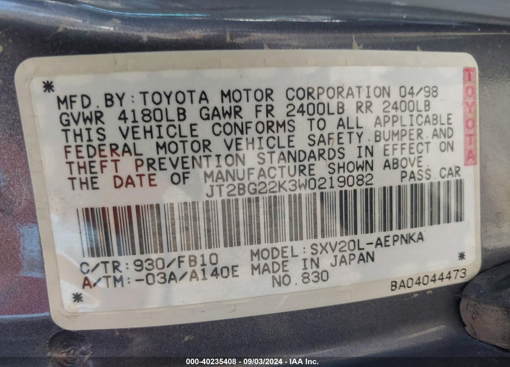 1998 TOYOTA CAMRY LE VIN: JT2BG22K3W0219082