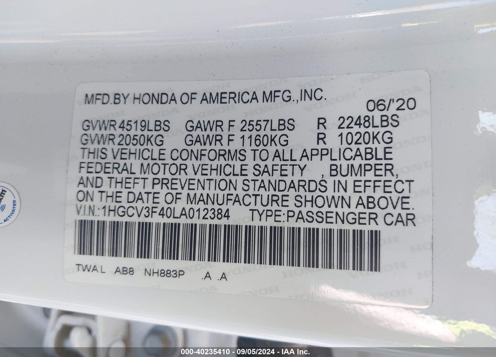 2020 HONDA ACCORD HYBRID EX VIN: 1HGCV3F40LA012384