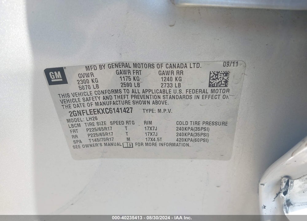 2012 CHEVROLET EQUINOX 1LT VIN: 2GNFLEEKXC6141427