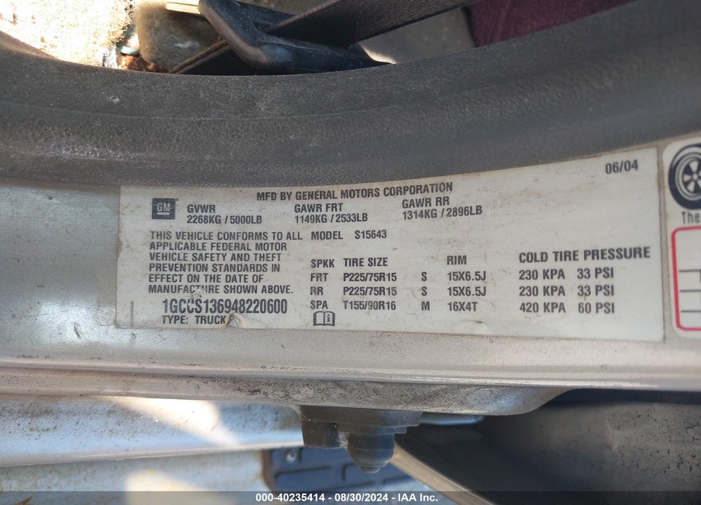 2004 CHEVROLET COLORADO LS VIN: 1GCCS136948220600