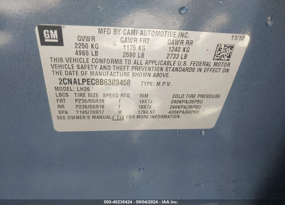 2011 CHEVROLET EQUINOX 2LT VIN: 2CNALPEC8B6303458