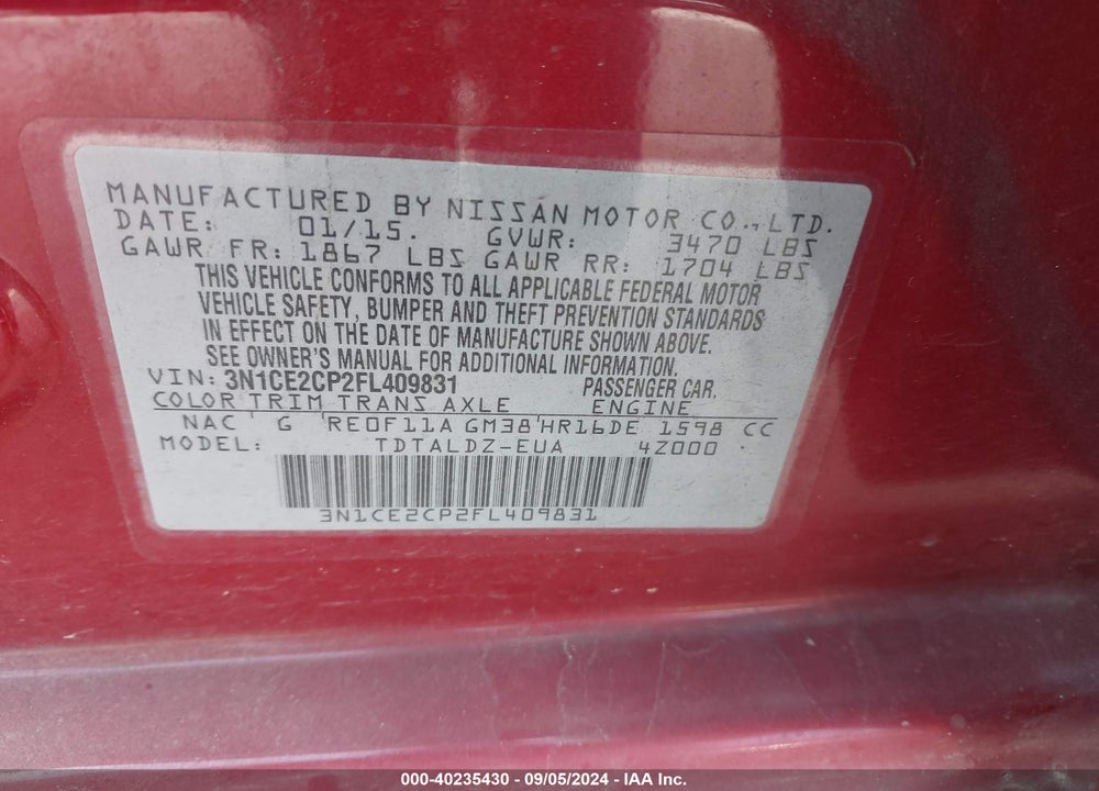 2015 NISSAN VERSA NOTE S (SR)/S PLUS/SL/SR/SV VIN: 3N1CE2CP2FL409831