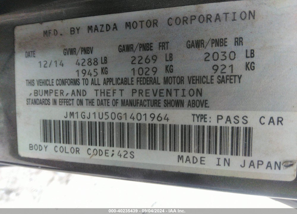 2016 MAZDA 6 I SPORT VIN: JM1GJ1U50G1401964