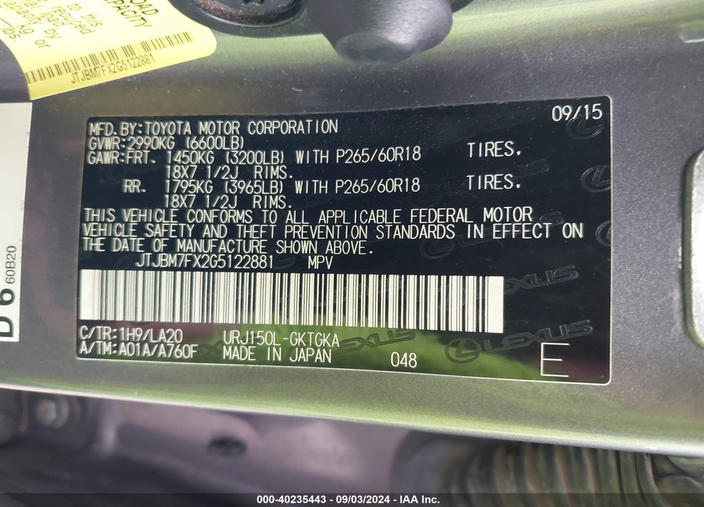 2016 LEXUS 460 VIN: JTJBM7FX2G5122881
