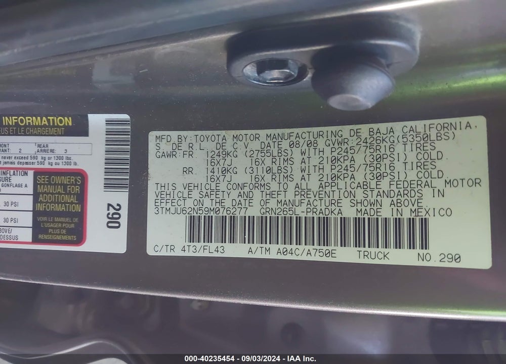 2009 TOYOTA TACOMA PRERUNNER V6 VIN: 3TMJU62N59M076277