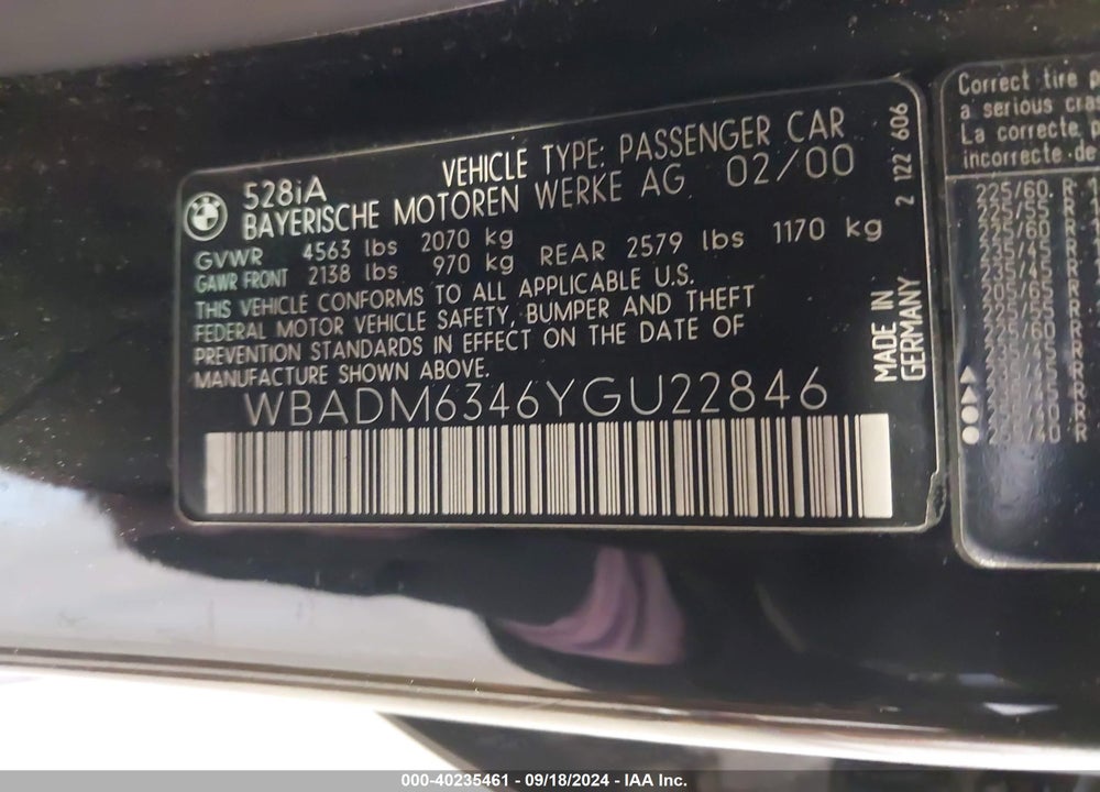 2000 BMW 528IA VIN: WBADM6346YGU22846