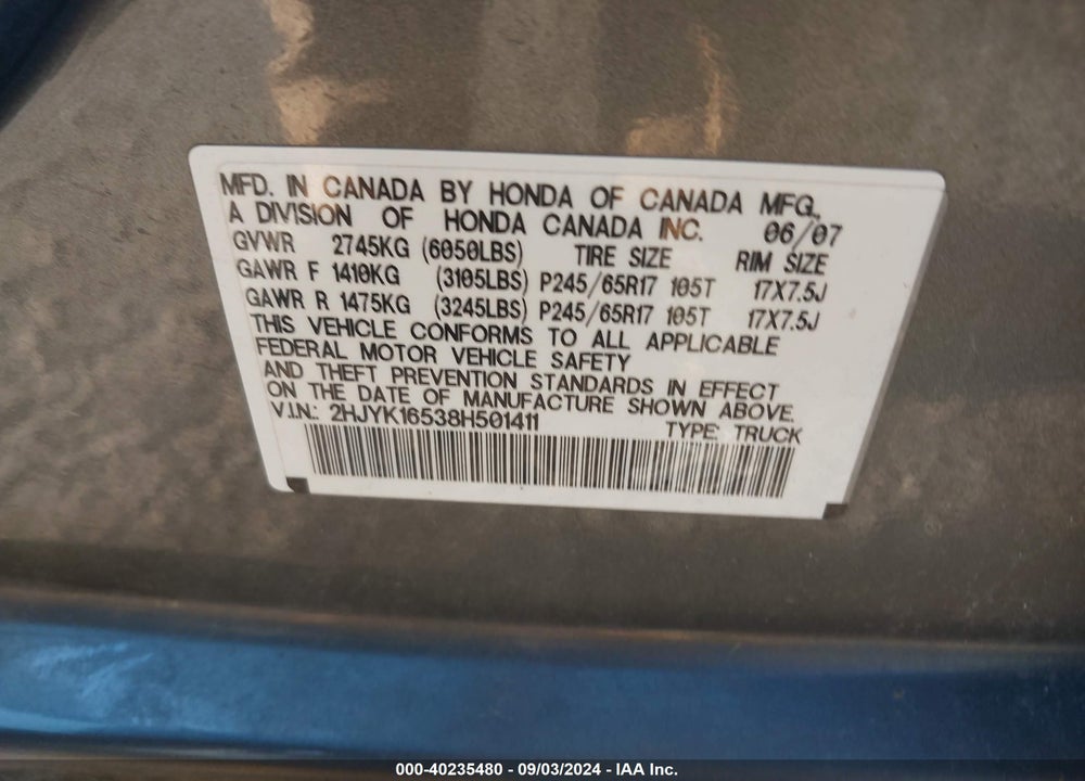 2008 HONDA RIDGELINE RTL VIN: 2HJYK16538H501411