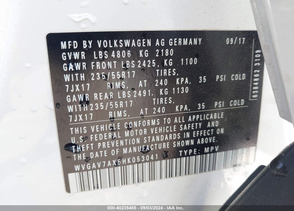 2017 VOLKSWAGEN TIGUAN 2.0T/2.0T S VIN: WVGAV7AX5HK053041