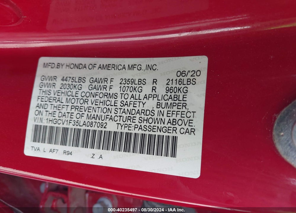 2020 HONDA ACCORD SPORT VIN: 1HGCV1F35LA087092