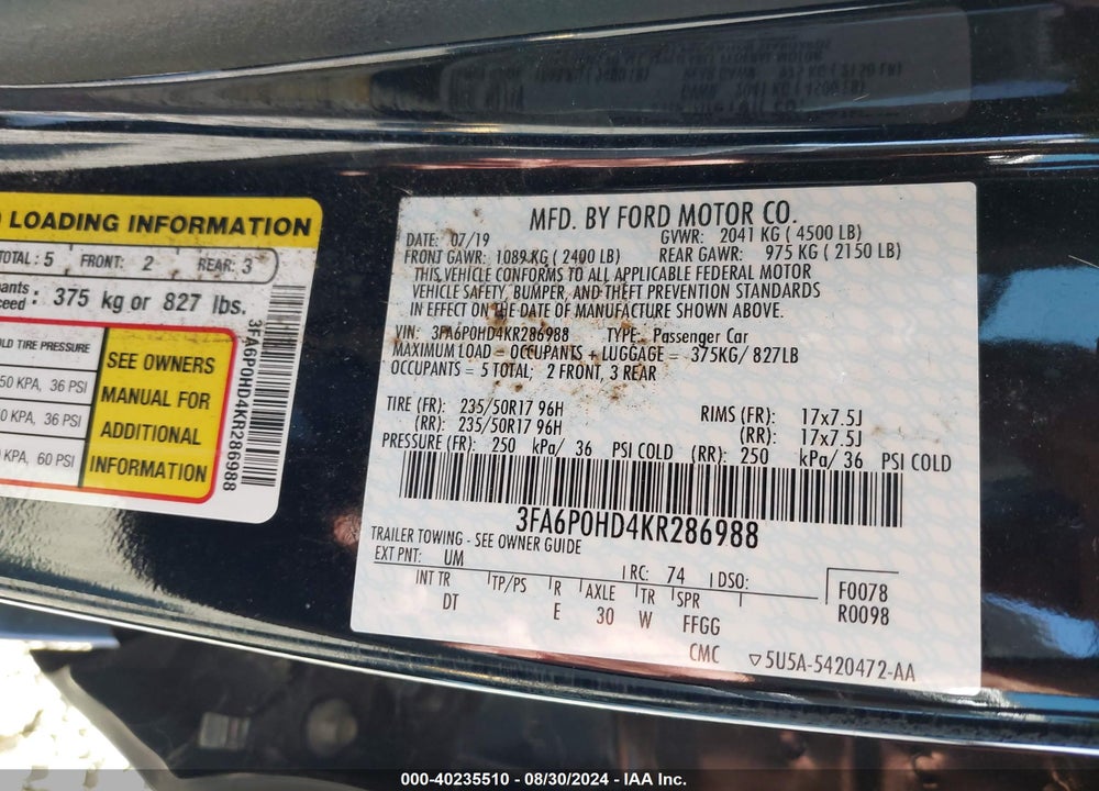 2019 FORD FUSION SE VIN: 3FA6P0HD4KR286988