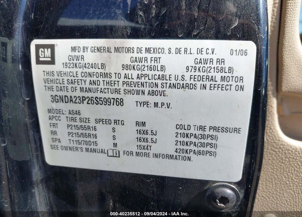 2006 CHEVROLET HHR LT VIN: 3GNDA23P26S599768