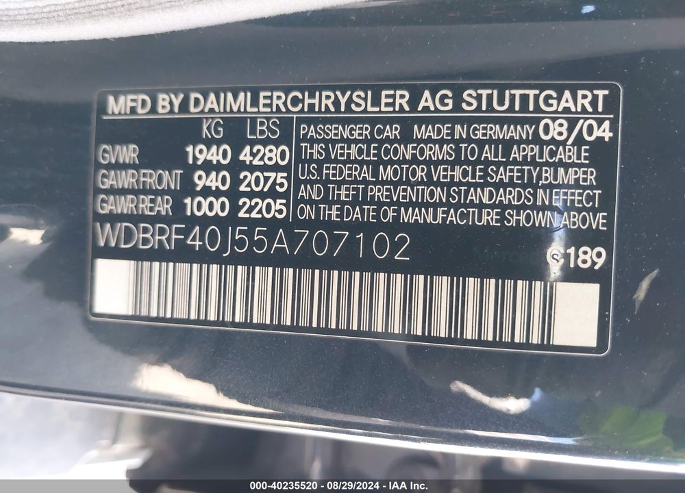 2005 MERCEDES-BENZ C 230 KOMPRESSOR SPORT VIN: WDBRF40J55A707102