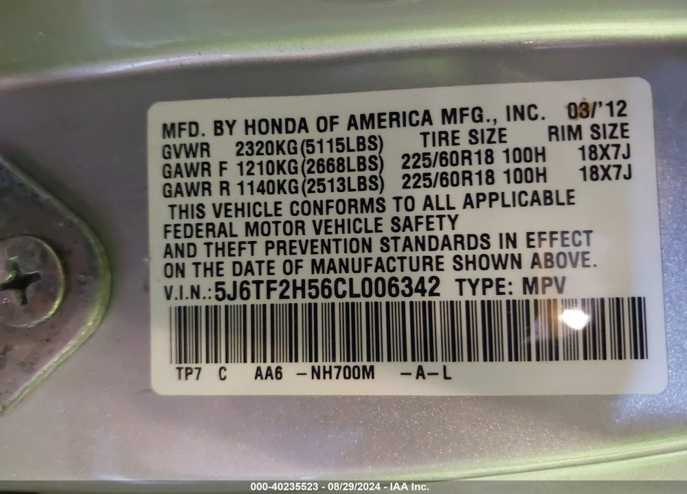 2012 HONDA CROSSTOUR EX-L VIN: 5J6TF2H56CL006342