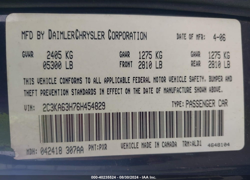 2006 CHRYSLER 300C VIN: 2C3KA63H76H454829