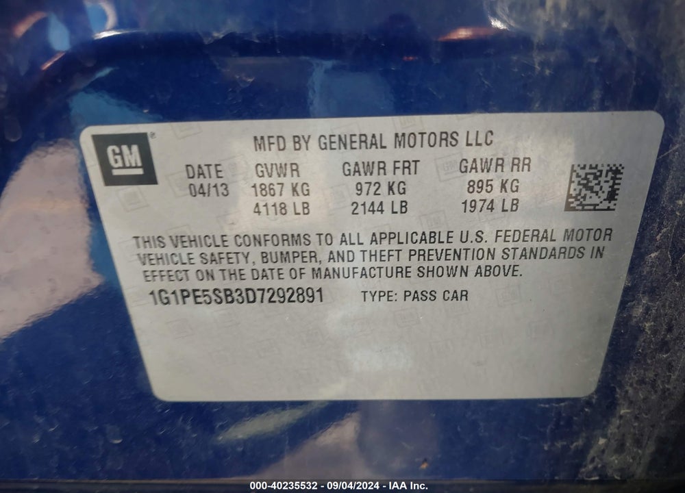 2013 CHEVROLET CRUZE 2LT AUTO VIN: 1G1PE5SB3D7292891