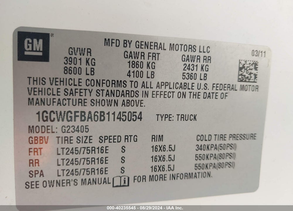 2011 CHEVROLET EXPRESS 2500 WORK VAN VIN: 1GCWGFBA6B1145054