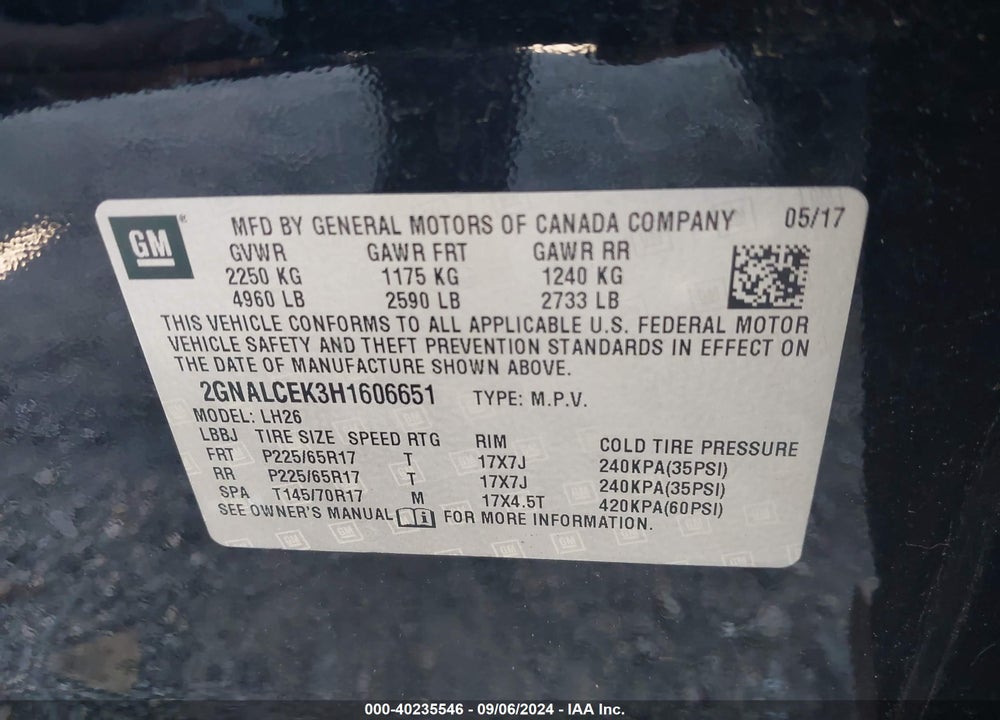 2017 CHEVROLET EQUINOX LT VIN: 2GNALCEK3H1606651