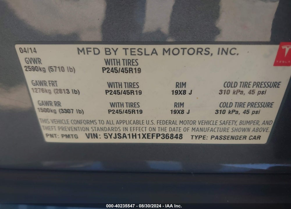 2014 TESLA MODEL S P85 VIN: 5YJSA1H1XEFP36848