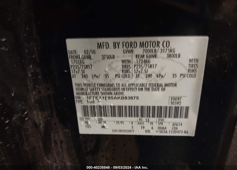 2010 FORD F-150 STX/XL/XLT VIN: 1FTEX1E85AKB83875