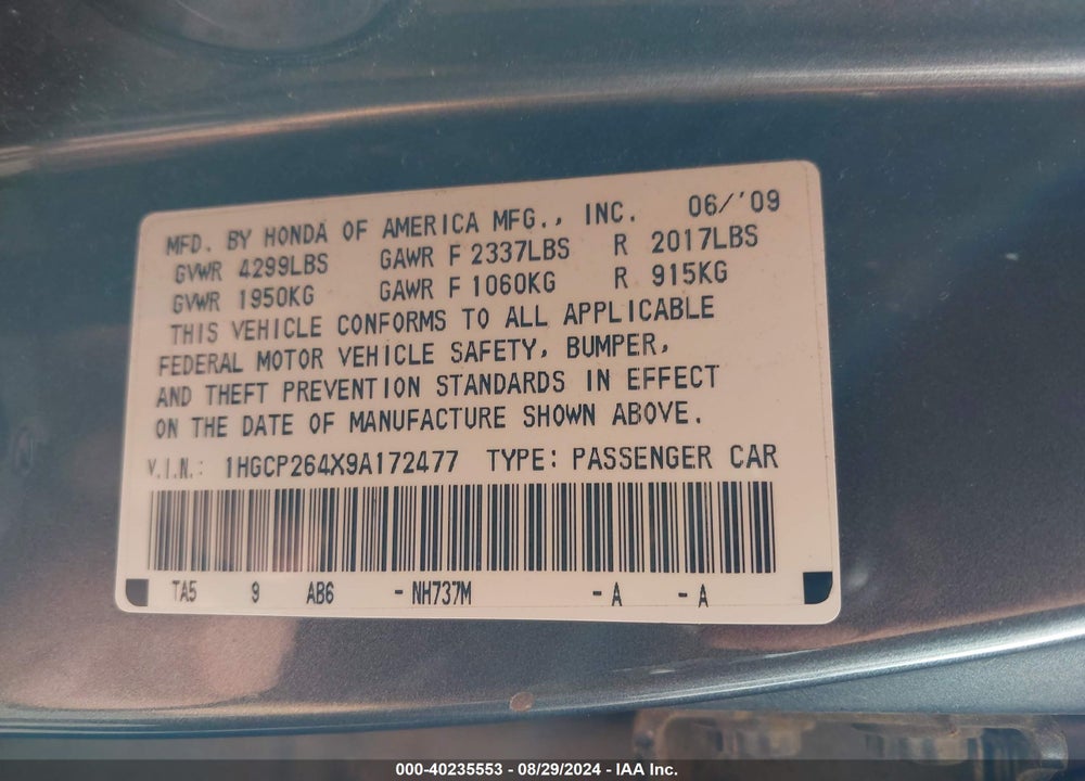 2009 HONDA ACCORD 2.4 LX-P VIN: 1HGCP264X9A172477
