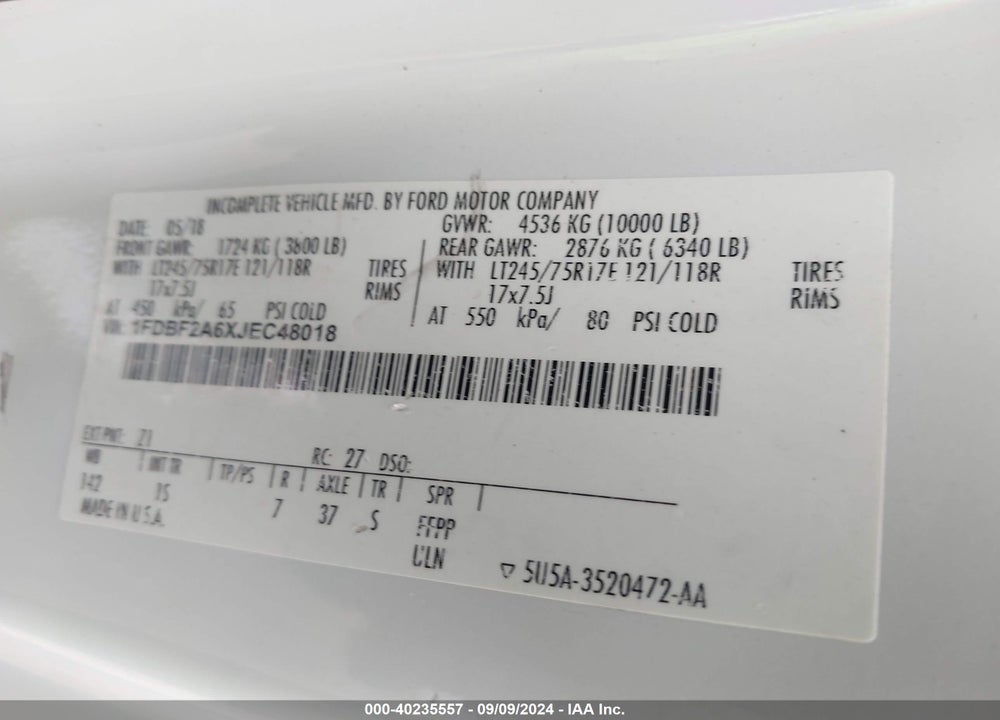 2018 FORD F-250 XL VIN: 1FDBF2A6XJEC48018
