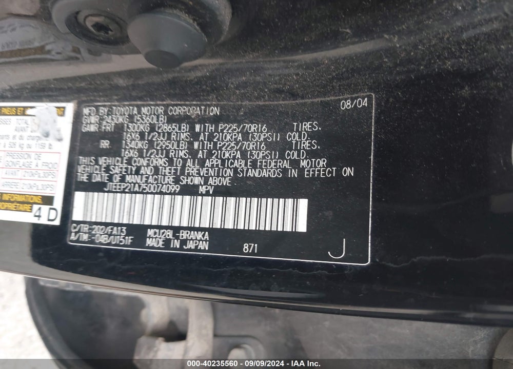 2005 TOYOTA HIGHLANDER V6 VIN: JTEEP21A750074099
