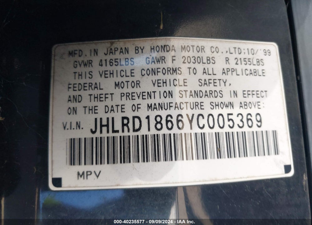 2000 HONDA CR-V EX VIN: JHLRD1866YC005369