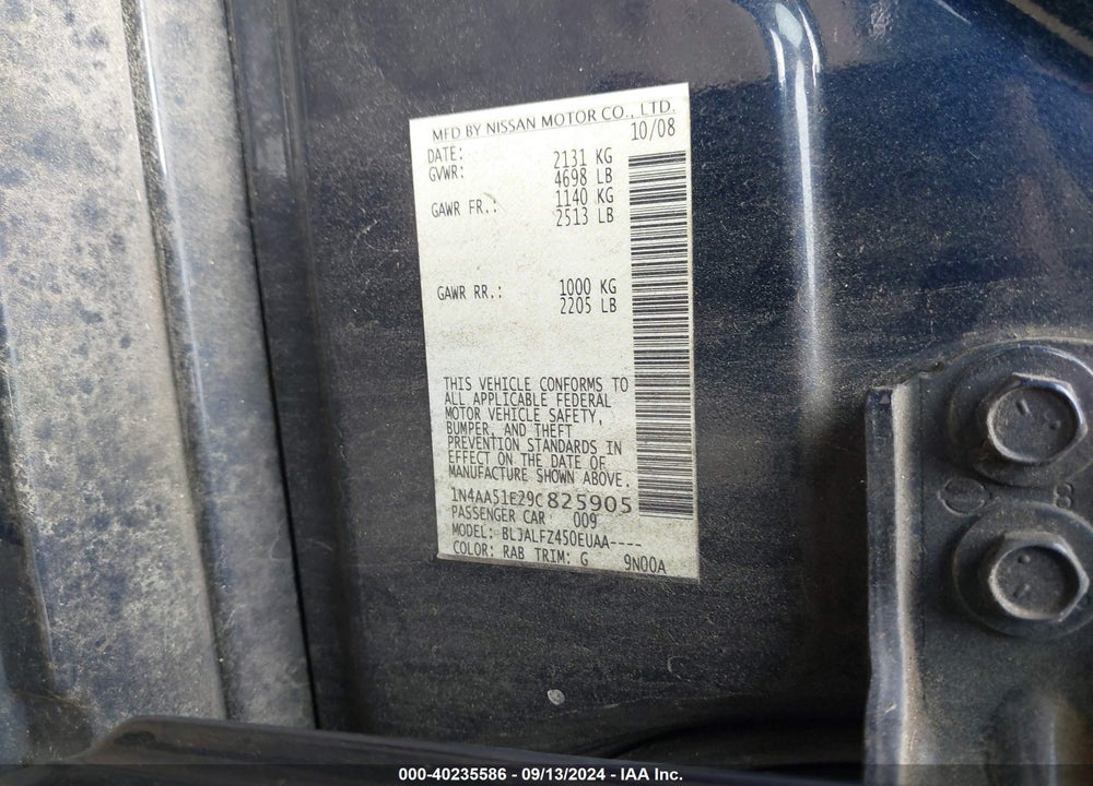 2009 NISSAN MAXIMA 3.5 SV VIN: 1N4AA51E29C825905