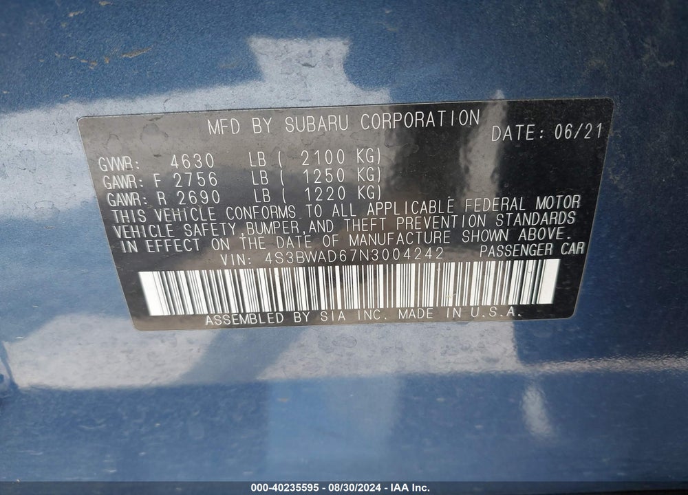 2022 SUBARU LEGACY PREMIUM VIN: 4S3BWAD67N3004242