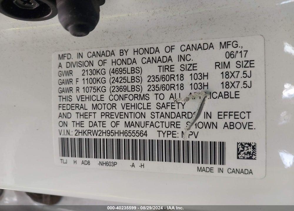 2017 HONDA CR-V VIN: 2HKRW2H95HH655564