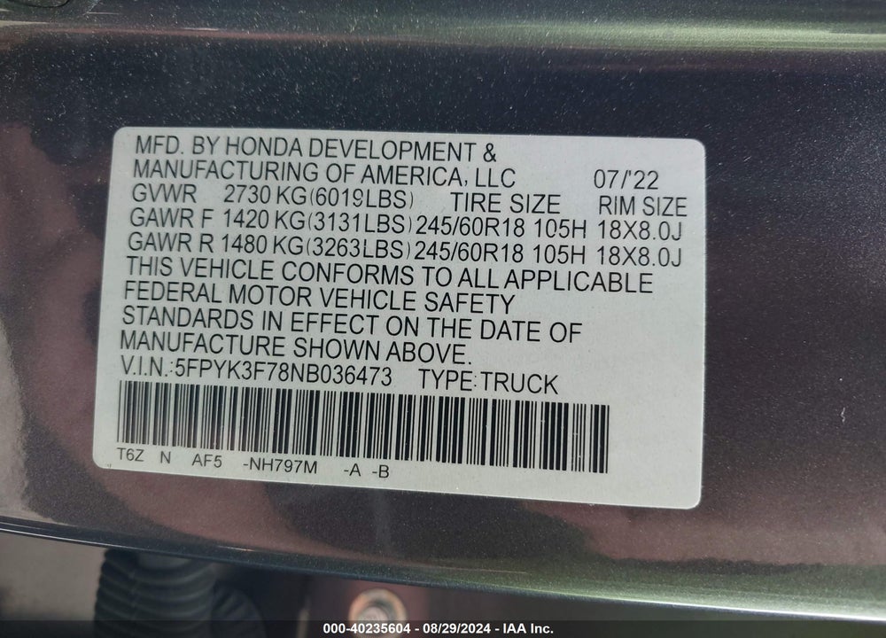 2022 HONDA RIDGELINE RTL-E VIN: 5FPYK3F78NB036473