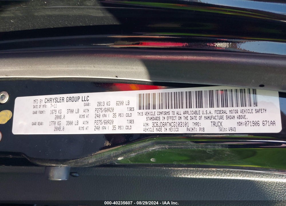 2012 RAM 1500 ST VIN: 3C6JD6ATXCG103101