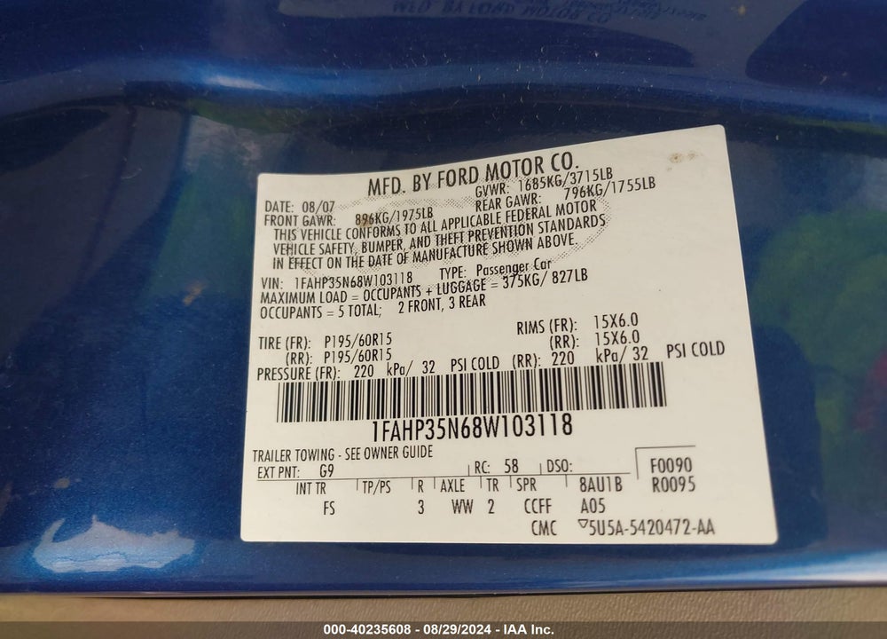 2008 FORD FOCUS SE/SES VIN: 1FAHP35N68W103118