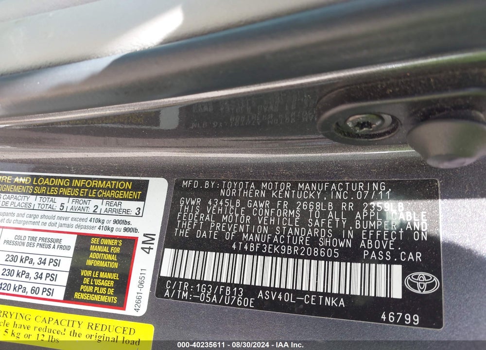 2011 TOYOTA CAMRY LE VIN: 4T4BF3EK9BR208605