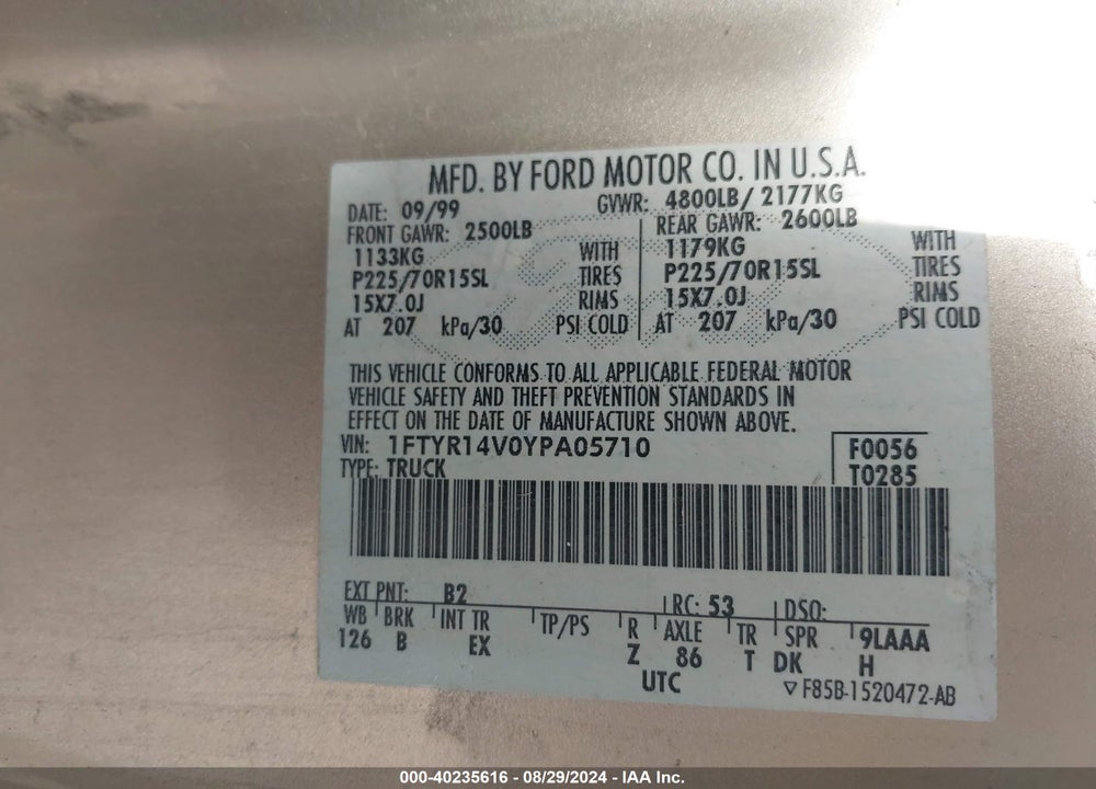 2000 FORD RANGER XL/XLT VIN: 1FTYR14V0YPA05710