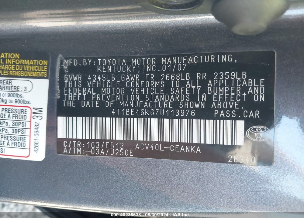 2007 TOYOTA CAMRY LE VIN: 4T1BE46K67U113976