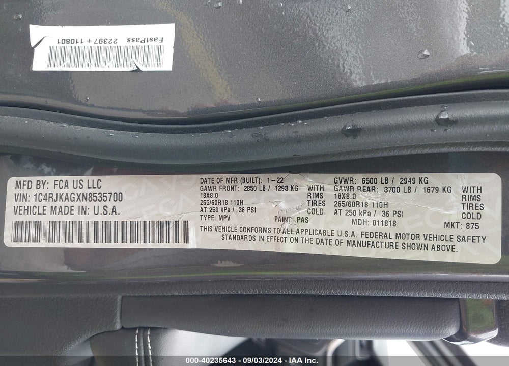 2022 JEEP GRAND CHEROKEE L LAREDO 4X4 VIN: 1C4RJKAGXN8535700