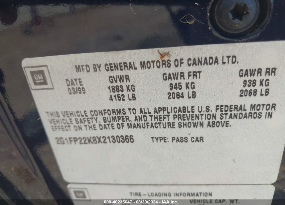 1999 CHEVROLET CAMARO VIN: 2G1FP22K8X2130366